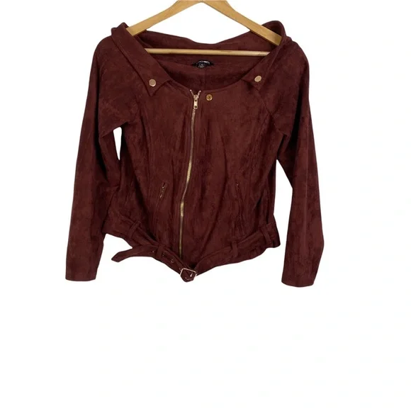 Fashion Nova Off-Shoulder Belted Jacket Suede Like Maroon Gold hardware Zip XL - Picture 2 of 10